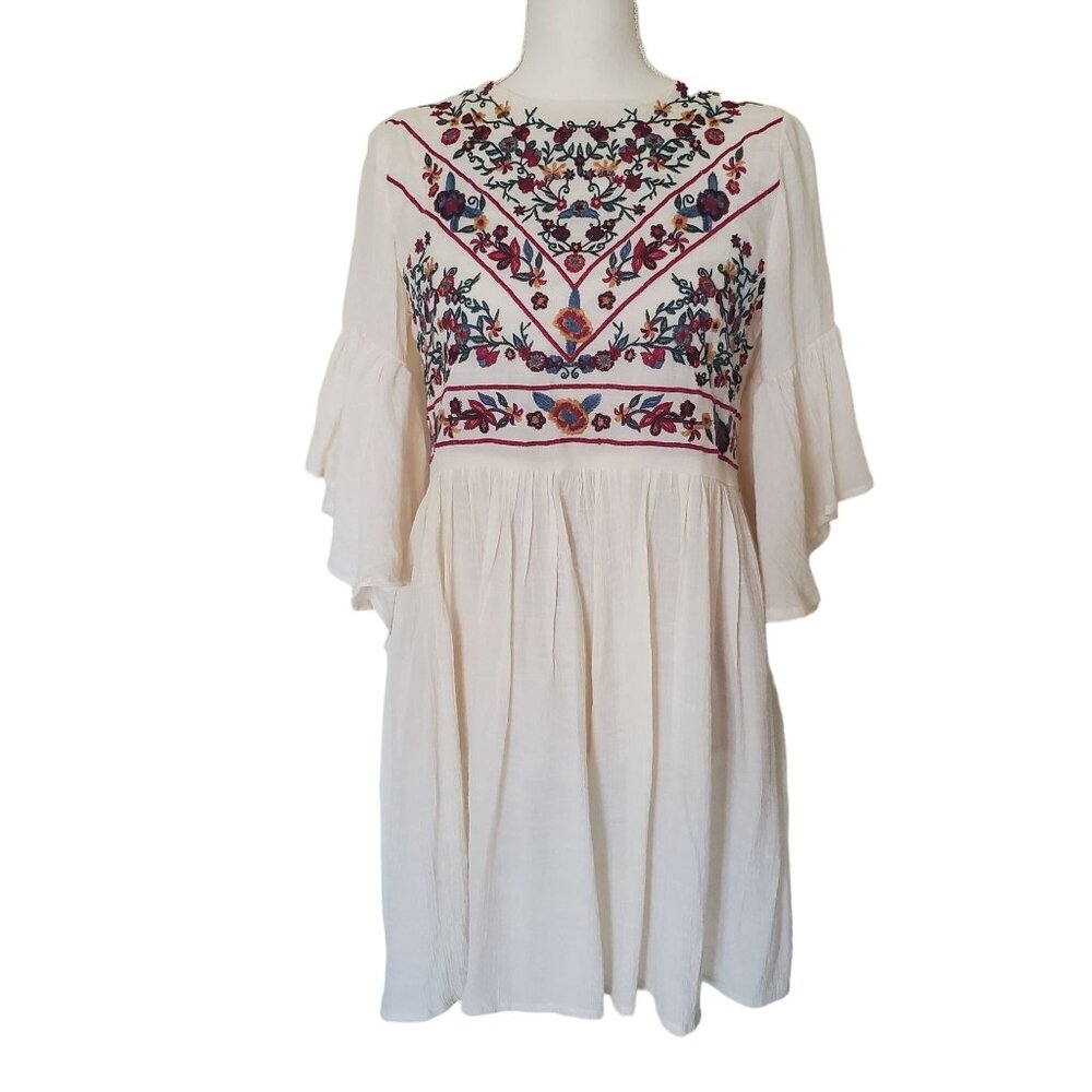 UMGEE Embroidered Boho Cream Floral Dress Women's Small